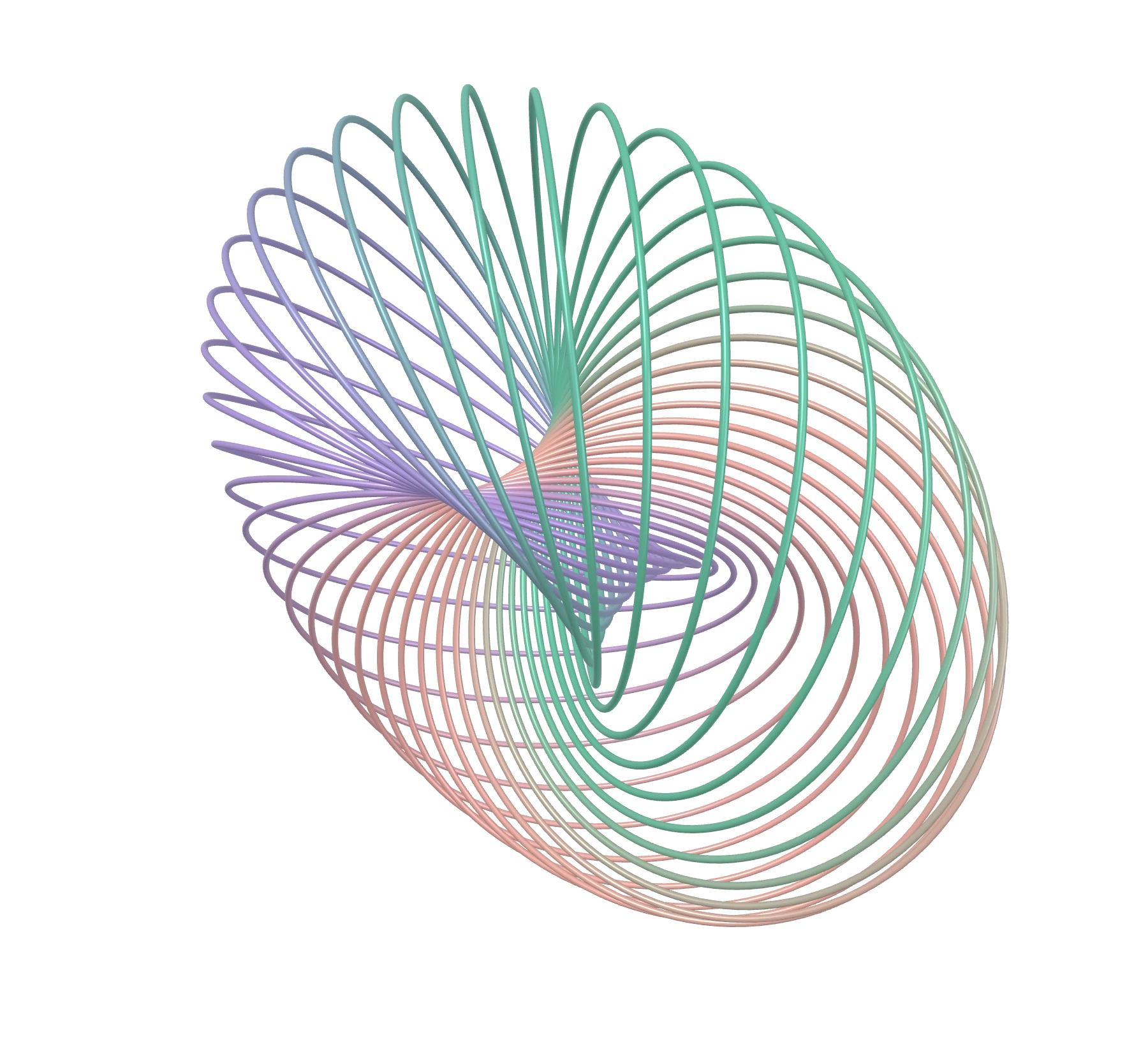 A flowing sculpture of linked circles, shaded in mint, lilac and rose.